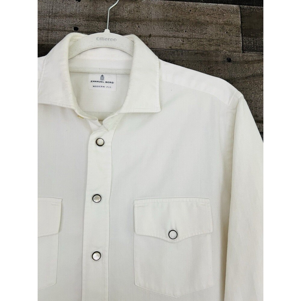 Emanuel Berg White Cotton Pearl Snap Luxury Slim Fit Western Shirt L 16.5" Neck